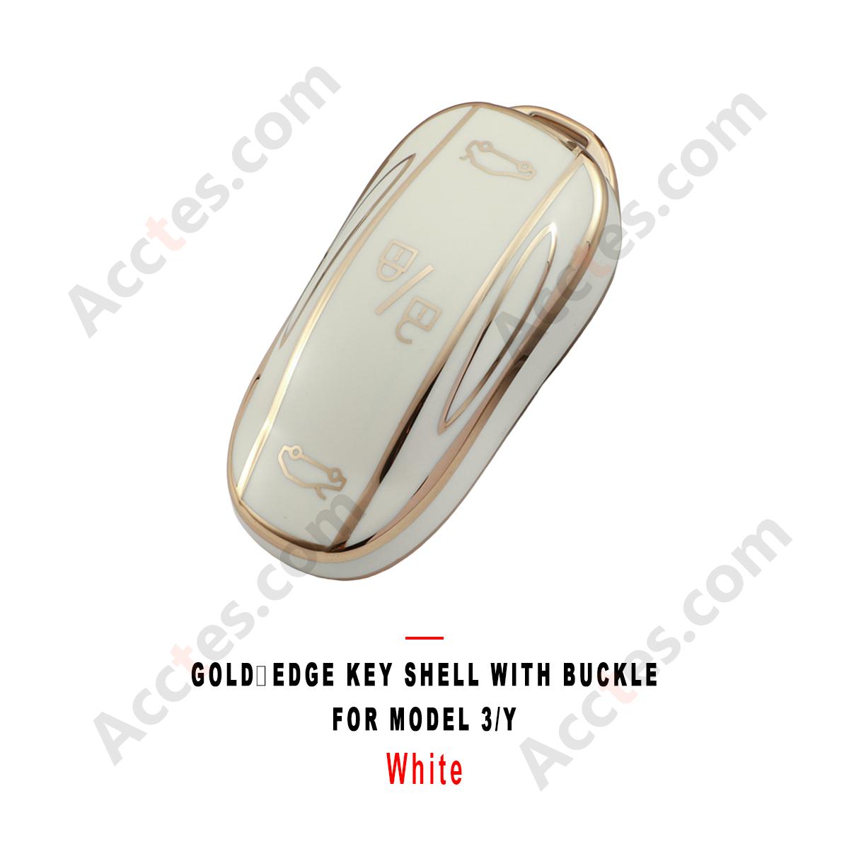 White Gold‑Edge Key Shell With Buckle Protective Cover For Model 3/Y Car Key