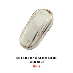 White Gold‑Edge Key Shell With Buckle Protective Cover For Model 3/Y Car Key