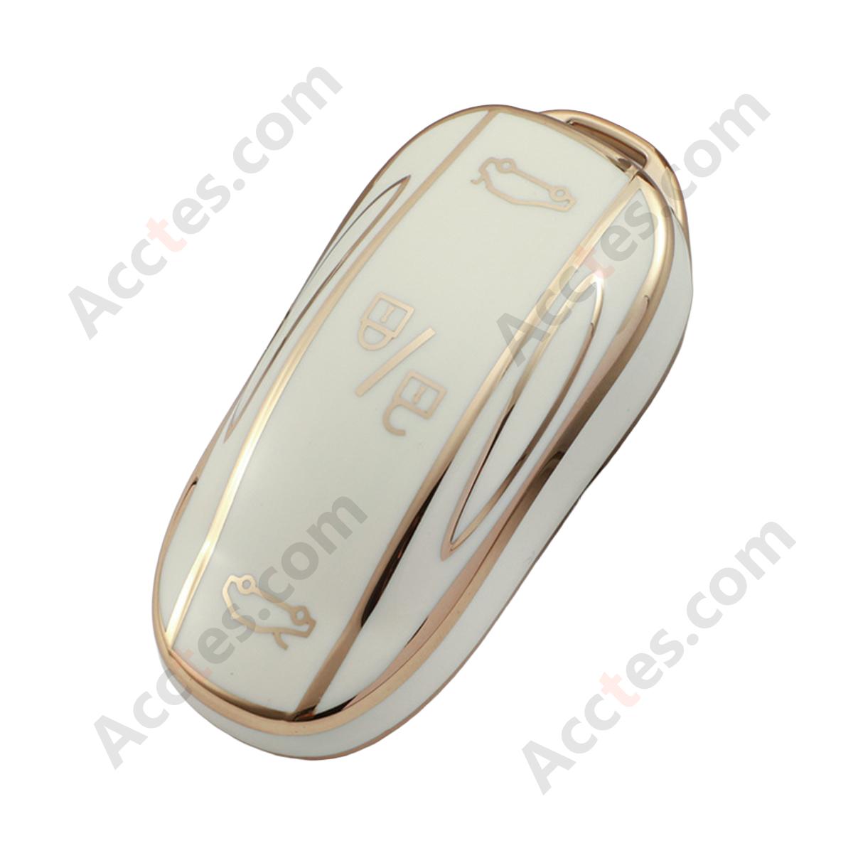 White Gold‑Edge Key Shell With Buckle Protective Cover For Model 3/Y Car Key