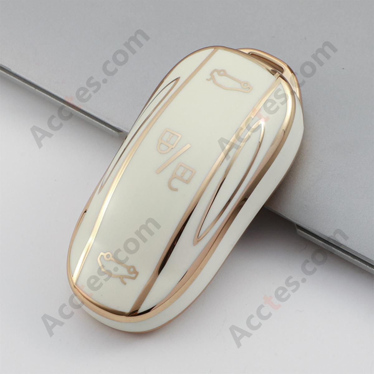 White Gold‑Edge Key Shell With Buckle Protective Cover For Model 3/Y Car Key