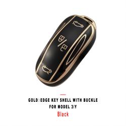 Black Gold‑Edge Key Shell With Buckle Protective Cover For Model 3/Y Car Key
