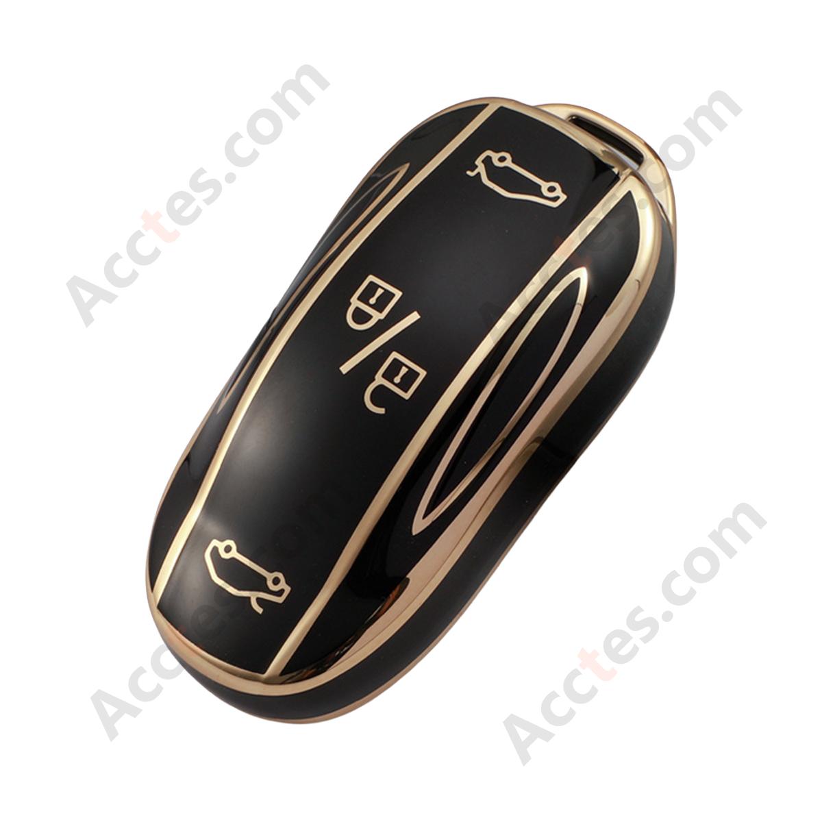 Black Gold‑Edge Key Shell With Buckle Protective Cover For Model 3/Y Car Key