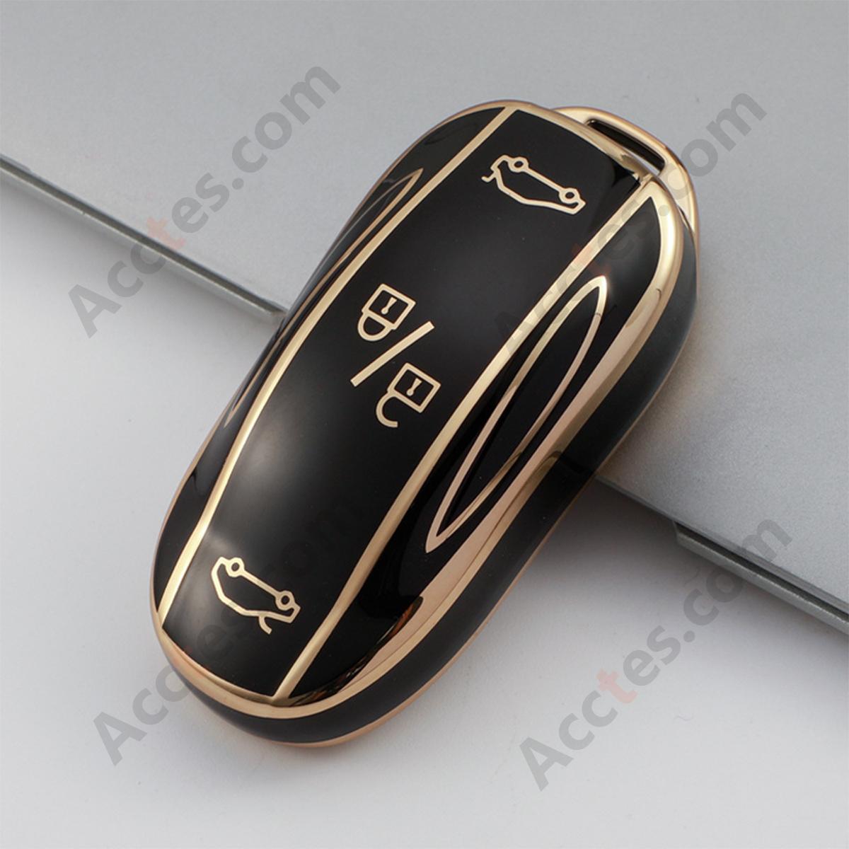 Black Gold‑Edge Key Shell With Buckle Protective Cover For Model 3/Y Car Key