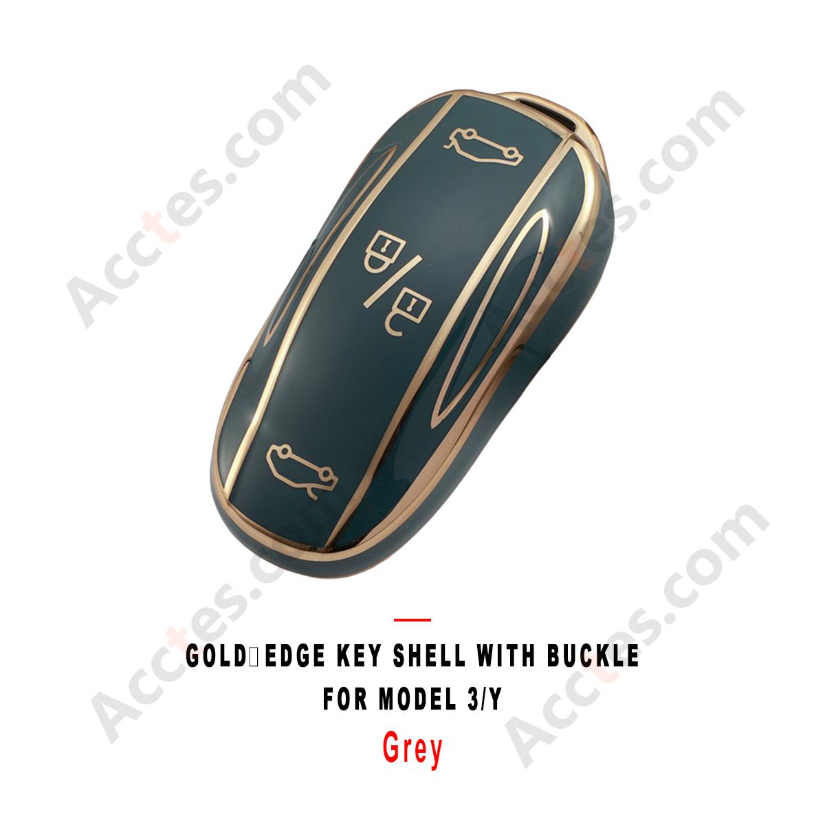 Grey Gold‑Edge Key Shell With Buckle Protective Cover For Model 3/Y Car Key