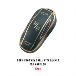 Grey Gold‑Edge Key Shell With Buckle Protective Cover For Model 3/Y Car Key