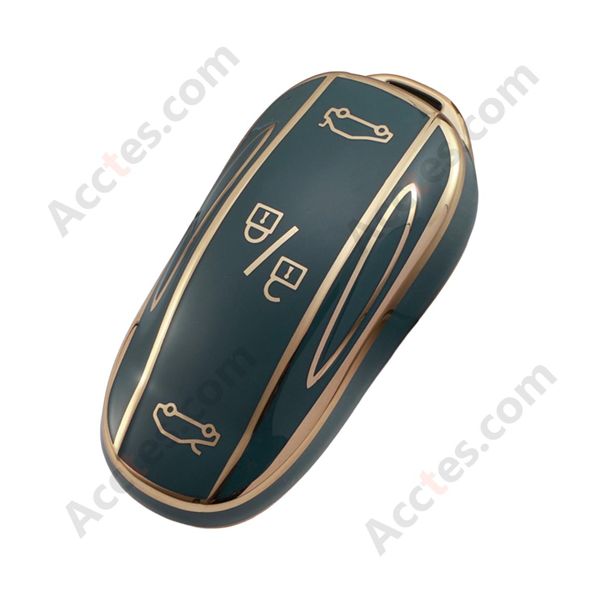 Grey Gold‑Edge Key Shell With Buckle Protective Cover For Model 3/Y Car Key