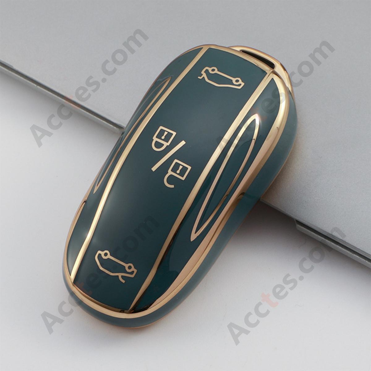 Grey Gold‑Edge Key Shell With Buckle Protective Cover For Model 3/Y Car Key