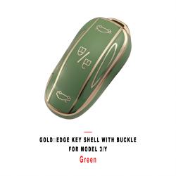 Green Gold‑Edge Key Shell With Buckle Protective Cover For Model 3/Y Car Key