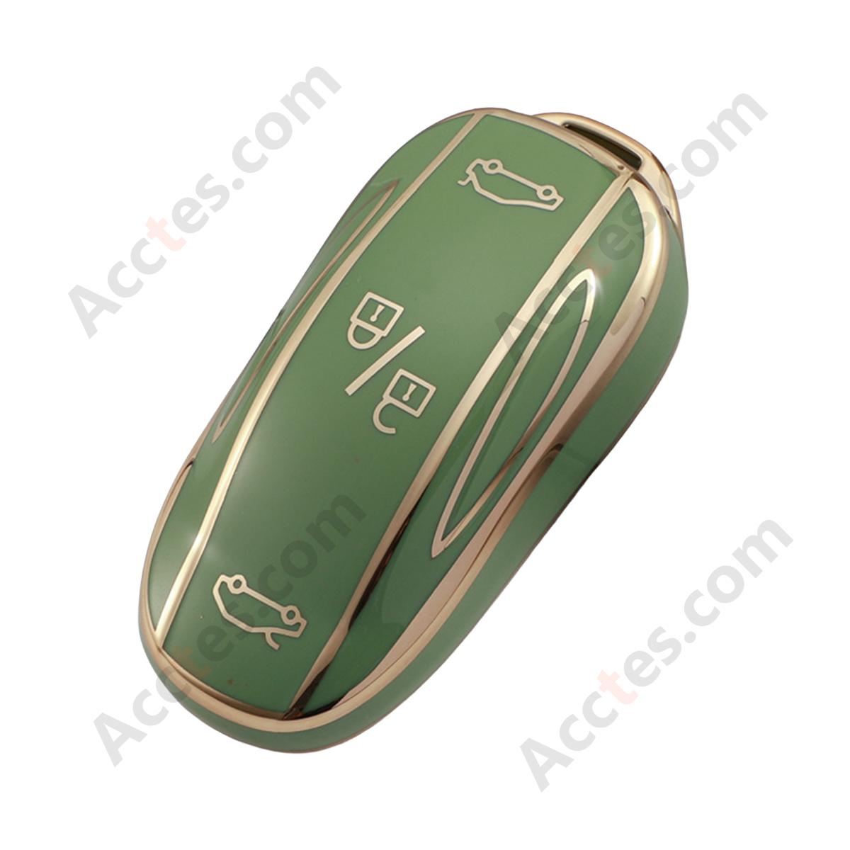 Green Gold‑Edge Key Shell With Buckle Protective Cover For Model 3/Y Car Key