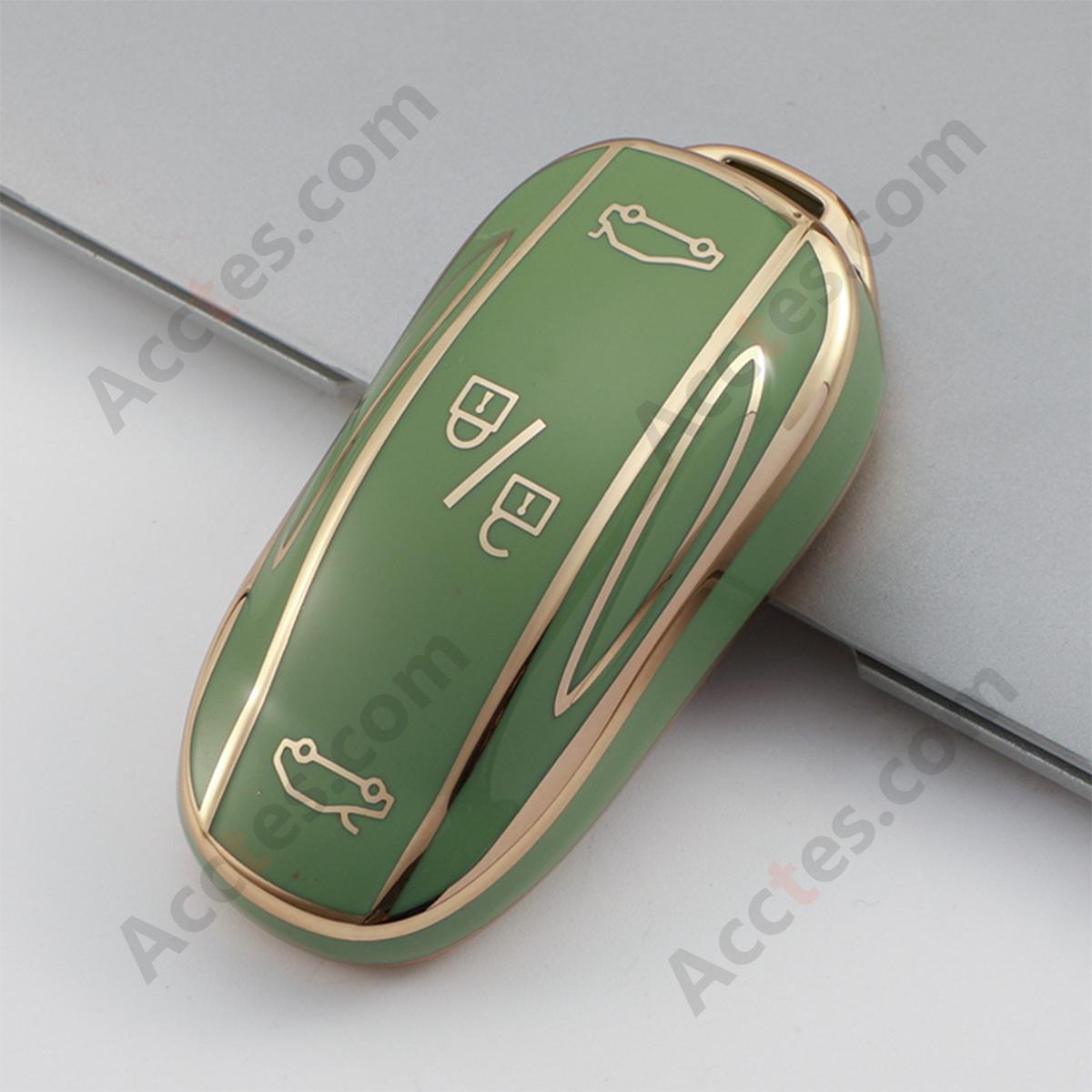 Green Gold‑Edge Key Shell With Buckle Protective Cover For Model 3/Y Car Key