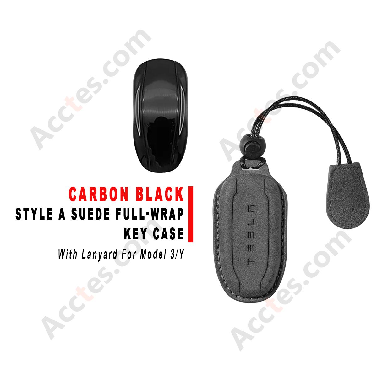 Style A Carbon‑Black Suede Full‑Wrap Key Protective Case With Lanyard For Model 3/Y