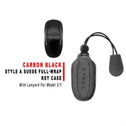 Style A Carbon‑Black Suede Full‑Wrap Key Protective Case With Lanyard For Model 3/Y