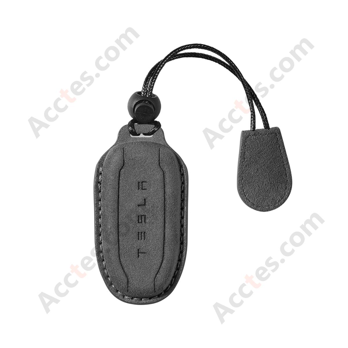 Style A Carbon‑Black Suede Full‑Wrap Key Protective Case With Lanyard For Model 3/Y