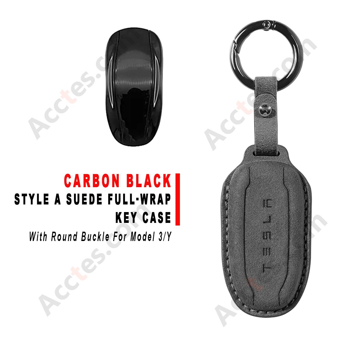 Style A Carbon‑Black Suede Full‑Wrap Key Protective Case With Round Buckle For Model 3/Y