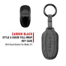Style A Carbon‑Black Suede Full‑Wrap Key Protective Case With Round Buckle For Model 3/Y