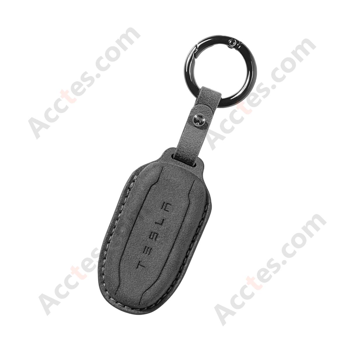 Style A Carbon‑Black Suede Full‑Wrap Key Protective Case With Round Buckle For Model 3/Y