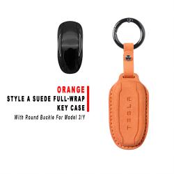Style A Orange Suede Full‑Wrap Key Protective Case With Round Buckle For Model 3/Y