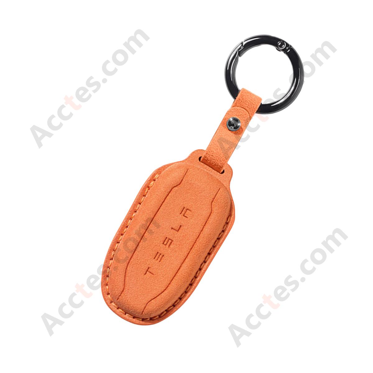 Style A Orange Suede Full‑Wrap Key Protective Case With Round Buckle For Model 3/Y