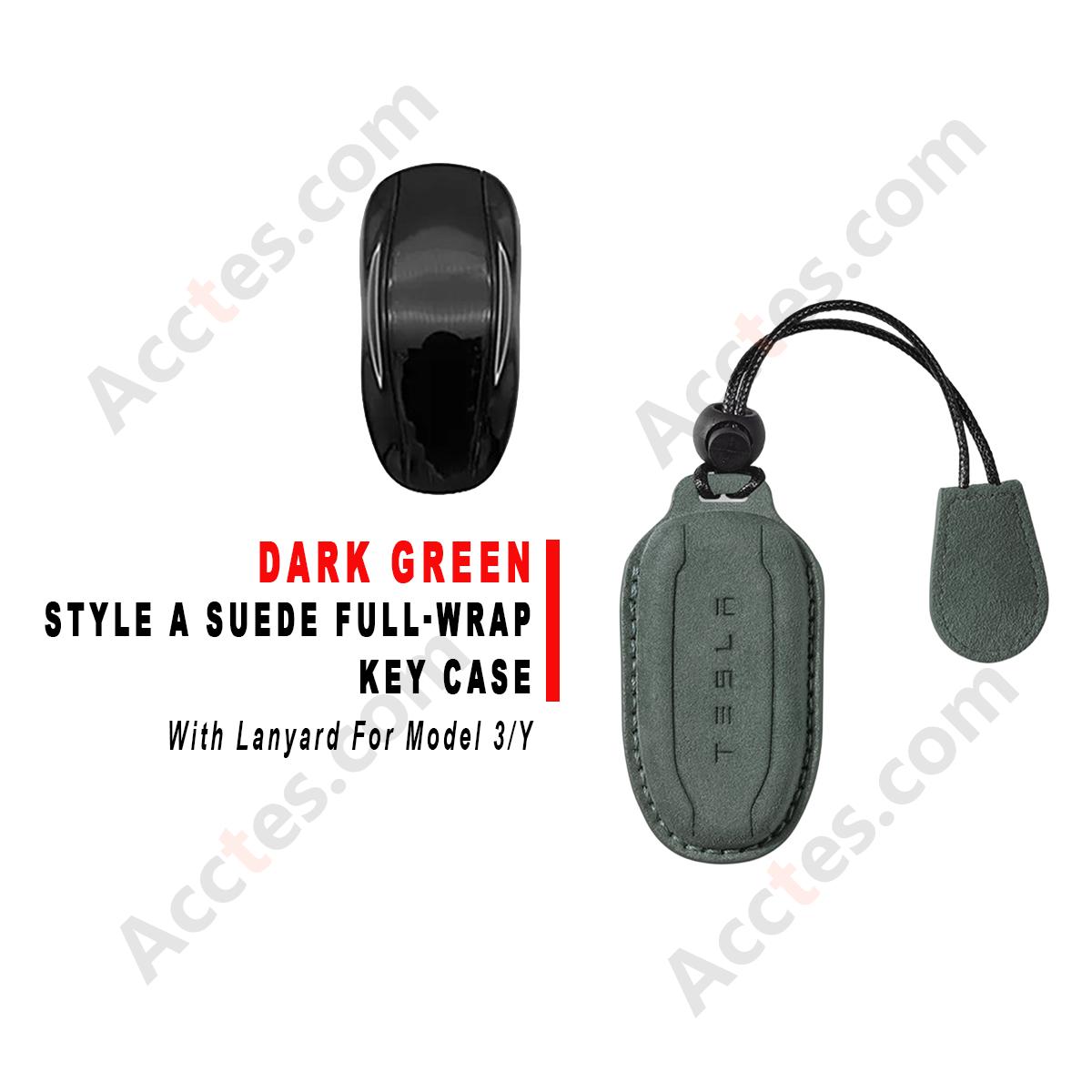 Style A Dark‑Green Suede Full‑Wrap Key Protective Case With Lanyard For Model 3/Y