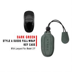 Style A Dark‑Green Suede Full‑Wrap Key Protective Case With Lanyard For Model 3/Y