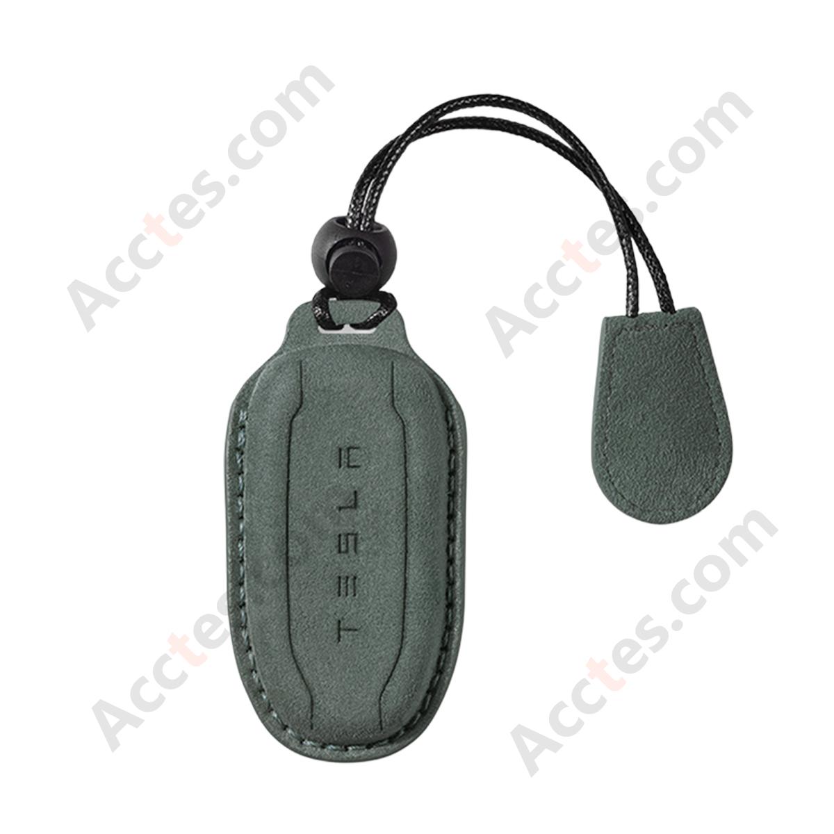 Style A Dark‑Green Suede Full‑Wrap Key Protective Case With Lanyard For Model 3/Y