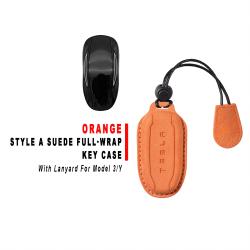 Style A Orange Suede Full‑Wrap Key Protective Case With Lanyard For Model 3/Y