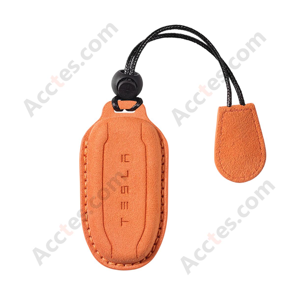 Style A Orange Suede Full‑Wrap Key Protective Case With Lanyard For Model 3/Y