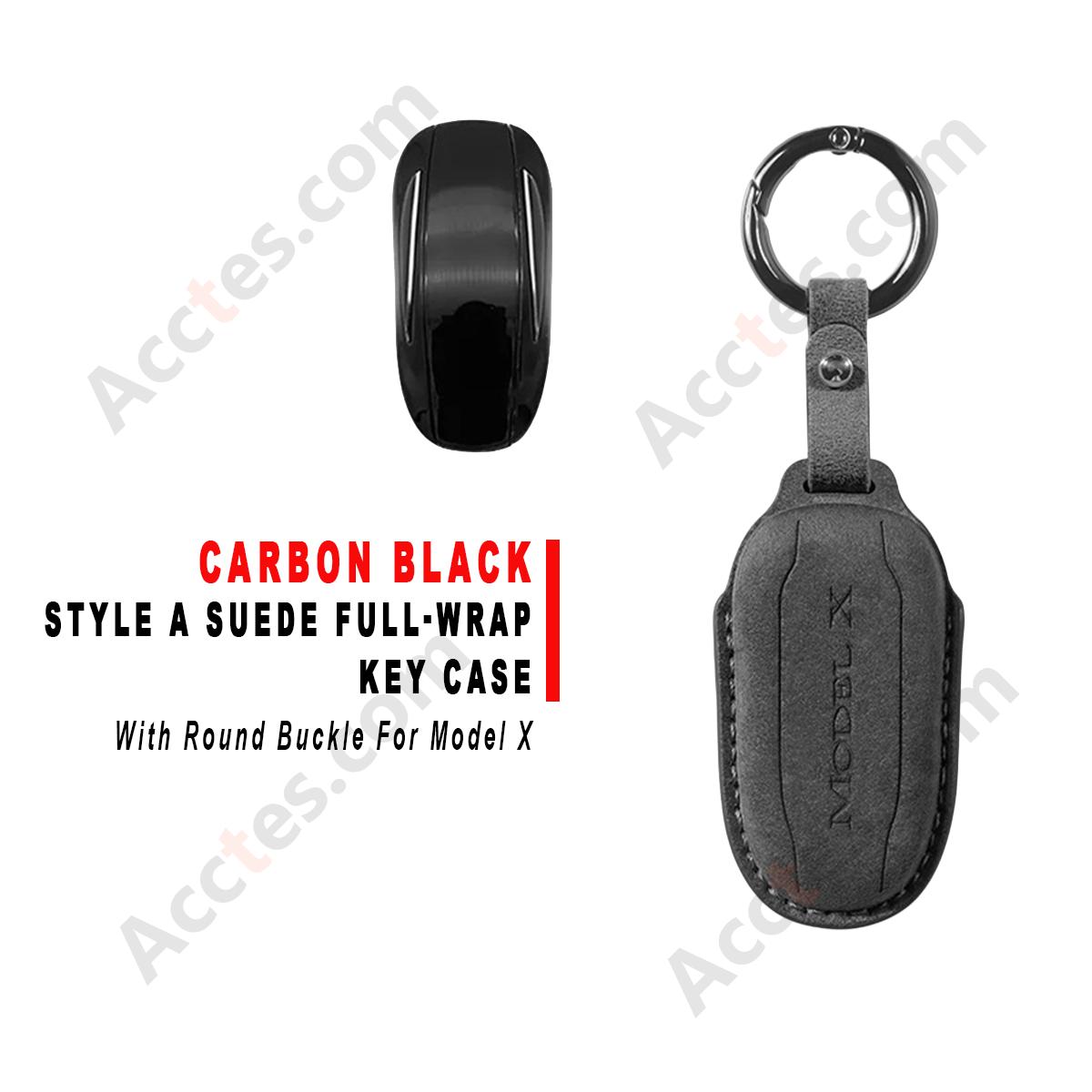 Style B Carbon‑Black Suede Full‑Wrap Key Protective Case With Round Buckle For Model X