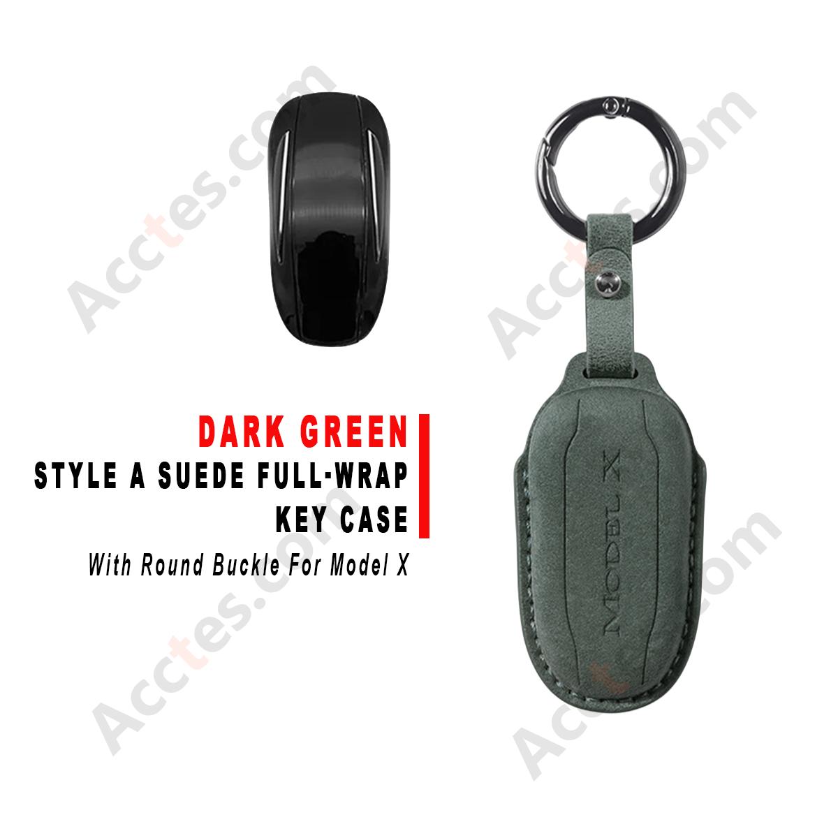 Style B Dark‑Green Suede Full‑Wrap Key Protective Case With Round Buckle For Model X