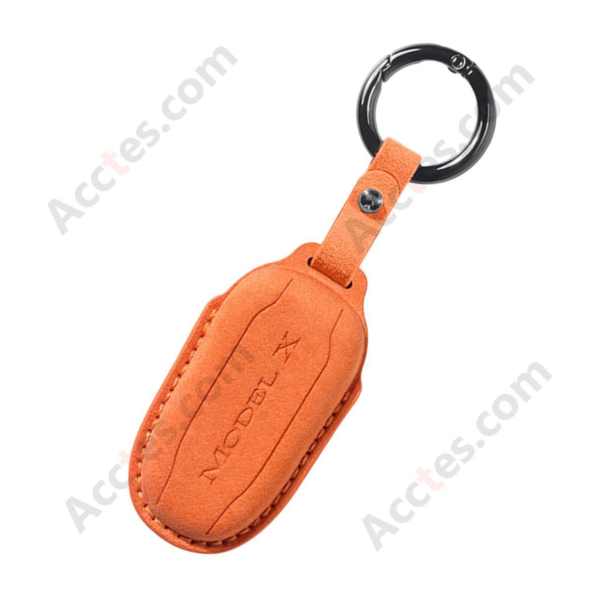 Style B Orange Suede Full‑Wrap Key Protective Case With Round Buckle For Model X