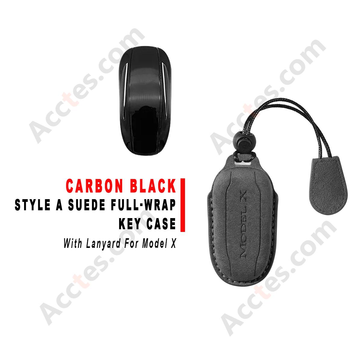 Style B Carbon‑Black Suede Full‑Wrap Key Protective Case With Lanyard For Model X