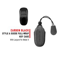 Style B Carbon‑Black Suede Full‑Wrap Key Protective Case With Lanyard For Model X