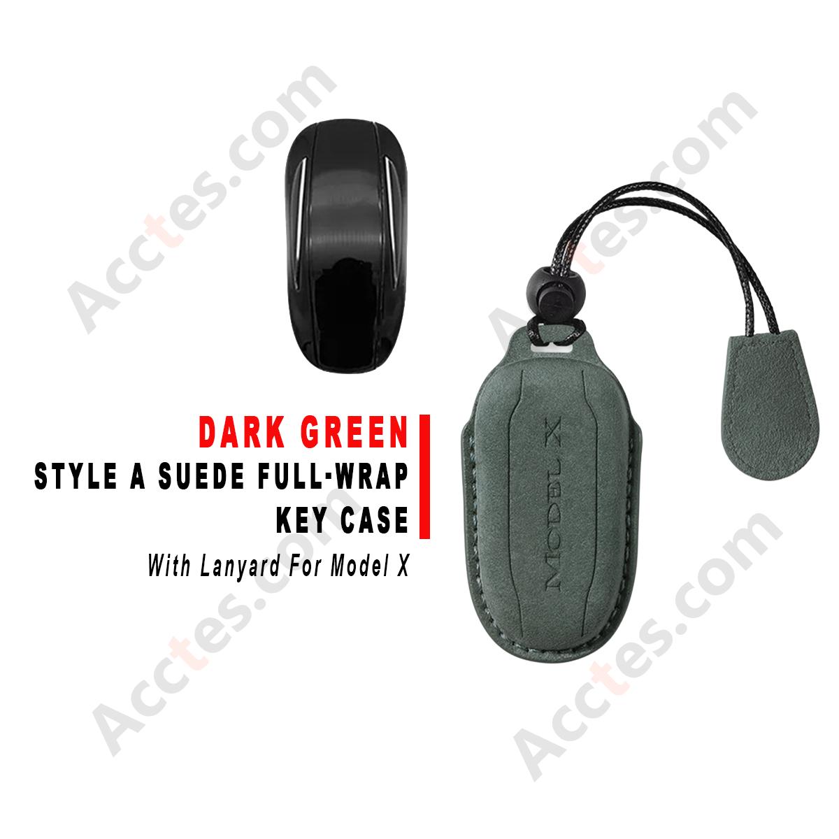 Style B Dark‑Green Suede Full‑Wrap Key Protective Case With Lanyard For Model X