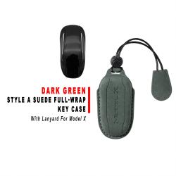 Style B Dark‑Green Suede Full‑Wrap Key Protective Case With Lanyard For Model X