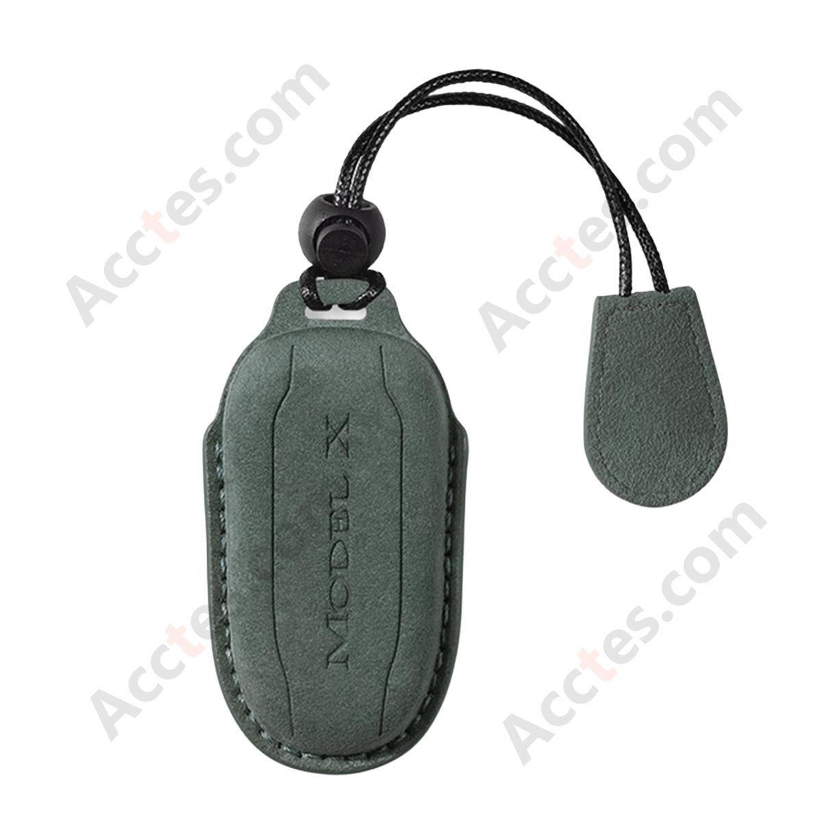 Style B Dark‑Green Suede Full‑Wrap Key Protective Case With Lanyard For Model X