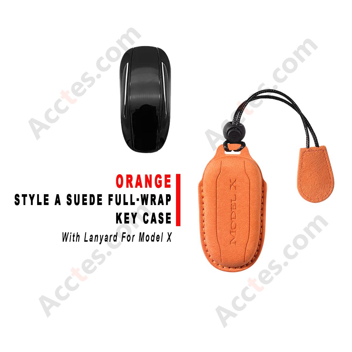 Style B Orange Suede Full‑Wrap Key Protective Case With Lanyard For Model X