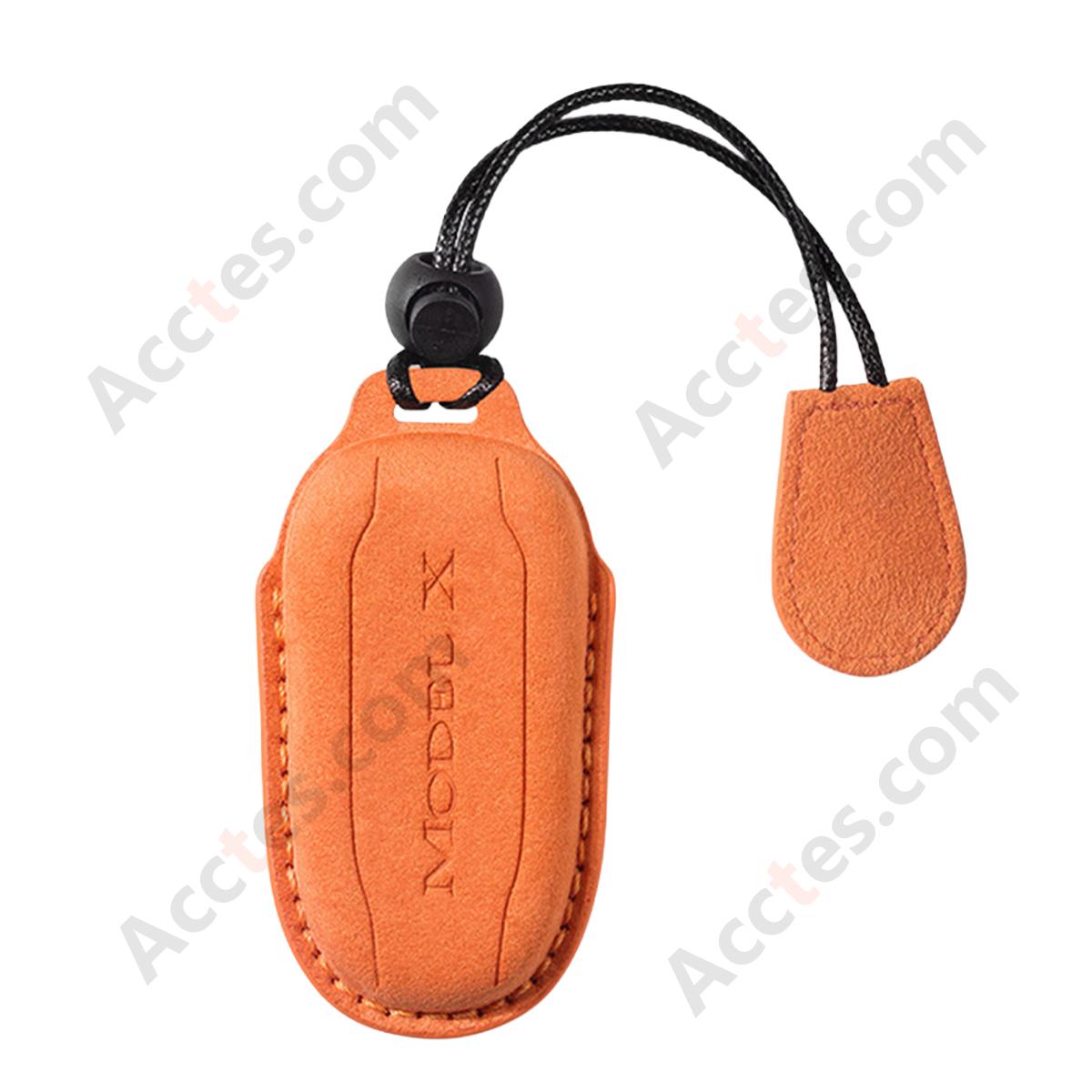 Style B Orange Suede Full‑Wrap Key Protective Case With Lanyard For Model X