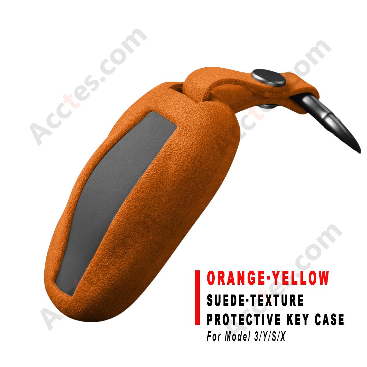 Orange‑Yellow Suede‑Texture Protective Key Shell Bag For Model 3/Y/S/X Car Key