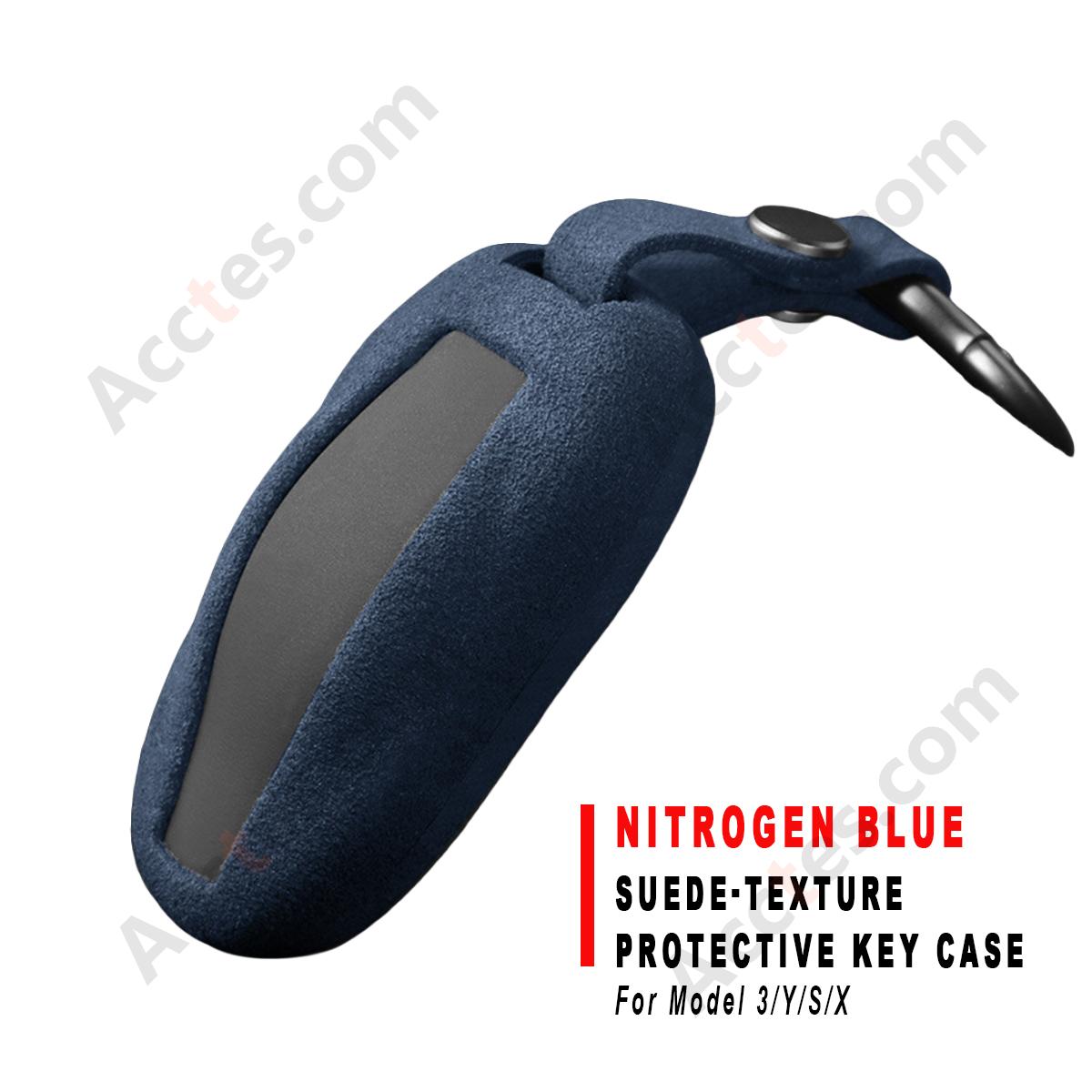Nitrogen Blue Suede‑Texture Protective Key Case Cover For Model 3/Y/S/X Car Remote Key