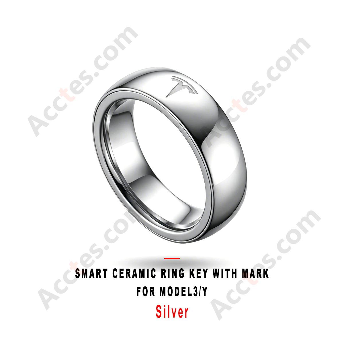 Silver Smart Ceramic Ring Key With Mark Wearable Accessory For Model3/Y Vehicle
