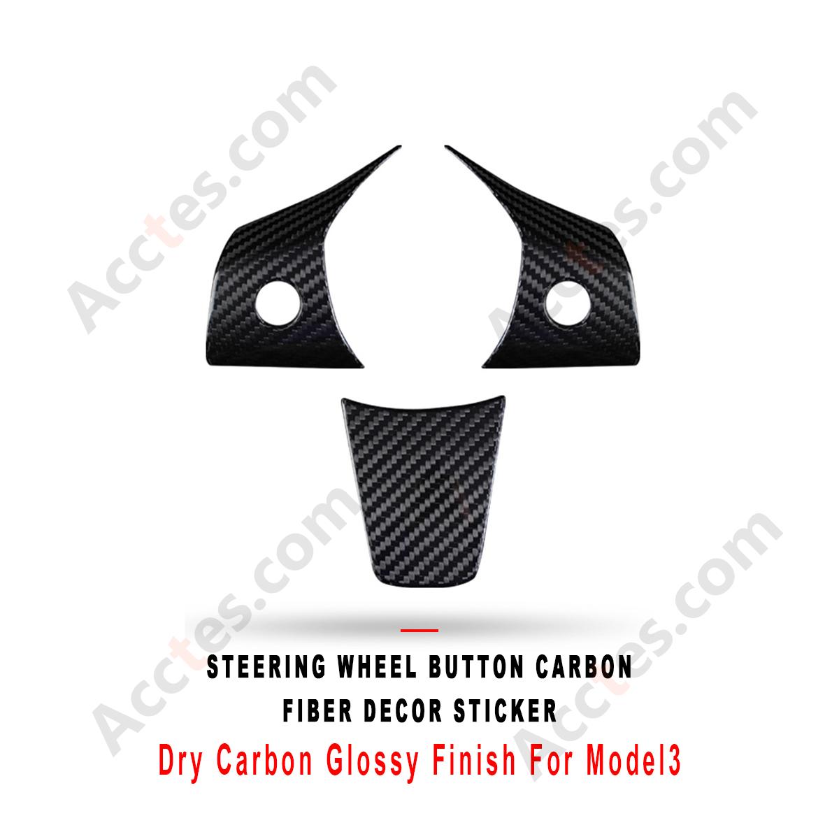 Glossy Dry Carbon Fiber Steering Wheel Button Decor Trim Sticker For Model3 Interior