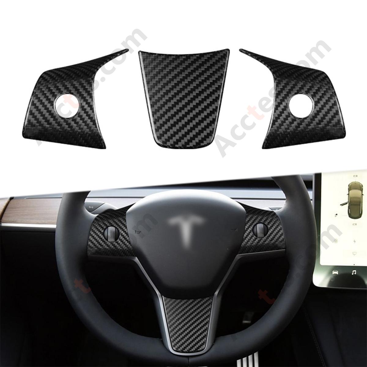 Glossy Dry Carbon Fiber Steering Wheel Button Decor Trim Sticker For Model3 Interior