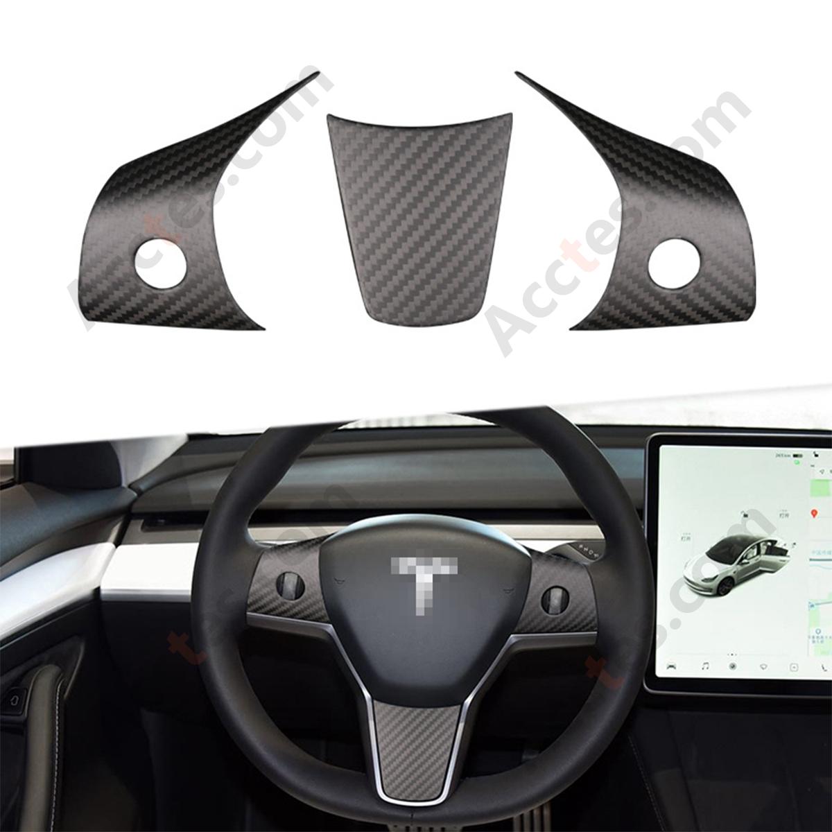 Matte Dry Carbon Fiber Steering Wheel Button Decor Trim Sticker For Model3 Interior