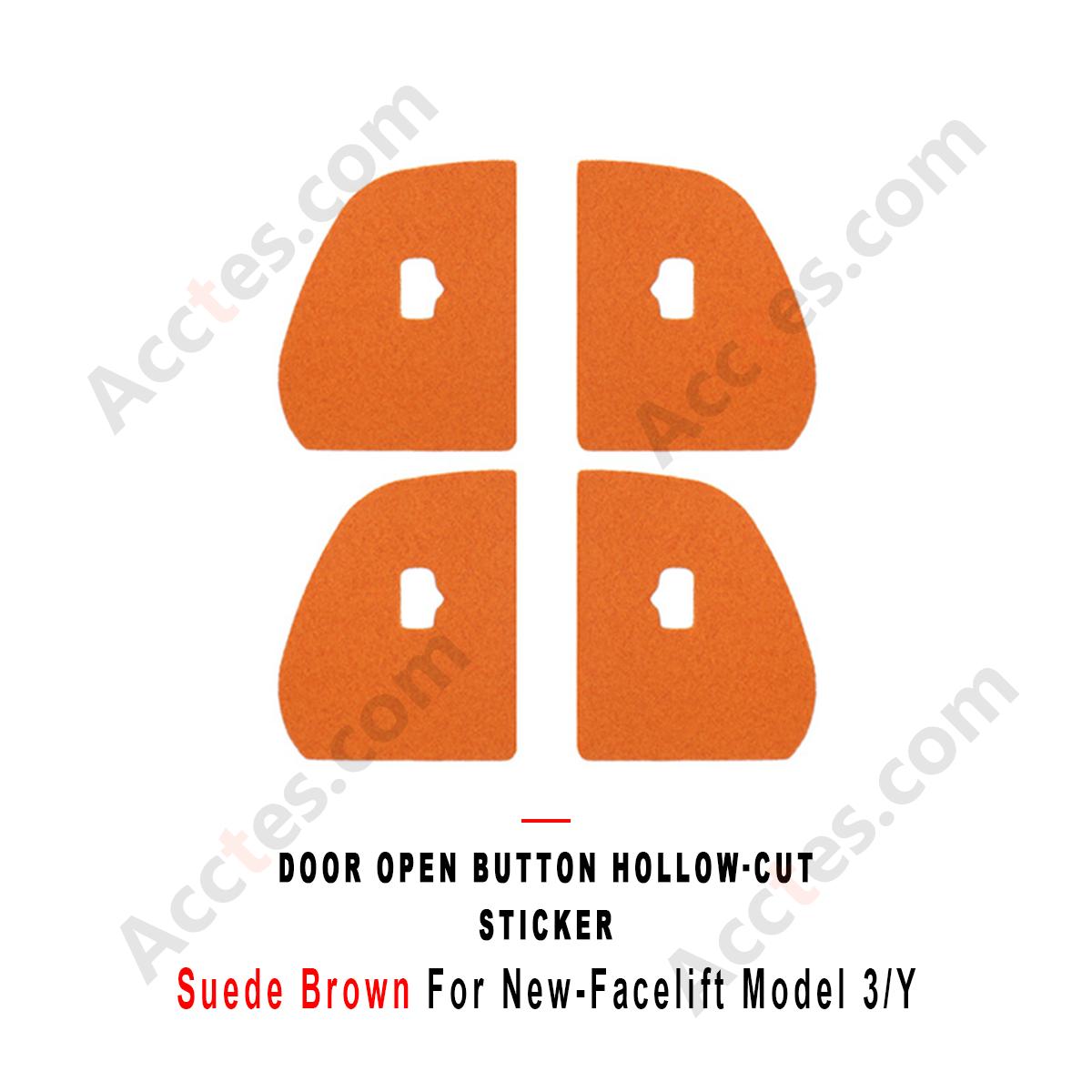 Suede Brown Hollow‑Cut Door Open Button Decor Sticker For New Facelift Model 3/Y