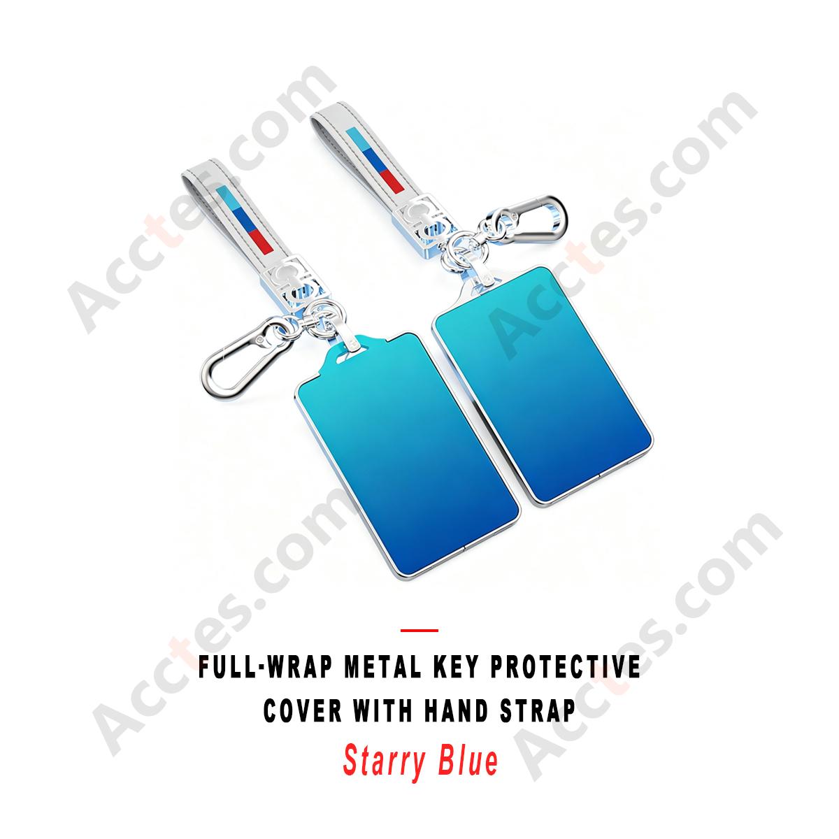 Starry‑Blue Full Wrap Metal Key Case Cover With Hand Strap Decorative Key Protector