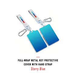 Starry‑Blue Full Wrap Metal Key Case Cover With Hand Strap Decorative Key Protector