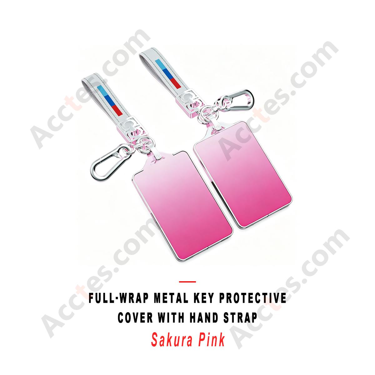 Sakura‑Pink Full Wrap Metal Key Case Cover With Hand Strap Decorative Key Protector