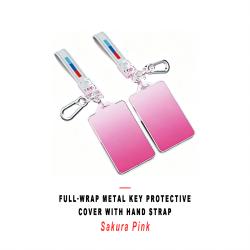 Sakura‑Pink Full Wrap Metal Key Case Cover With Hand Strap Decorative Key Protector