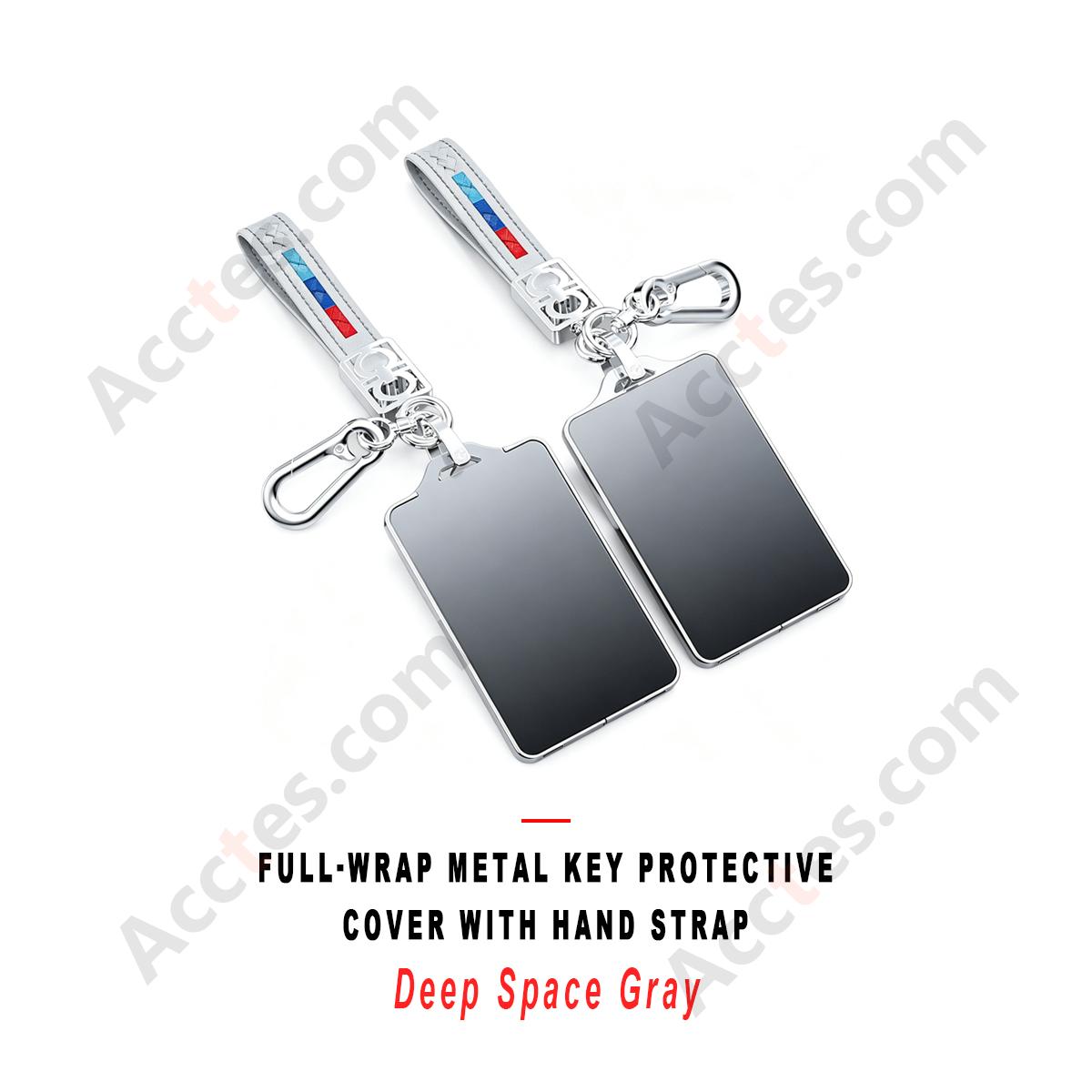Deep‑Space‑Gray Full Wrap Metal Key Case Cover With Hand Strap Decorative Key Protector
