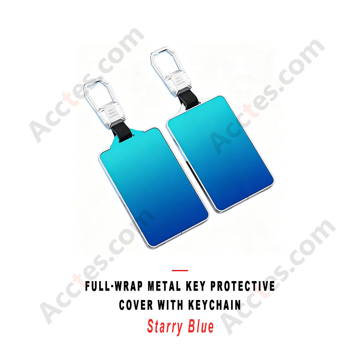 Starry‑Blue Full Wrap Metal Key Case Cover With Keychain Ring Decorative Key Protector